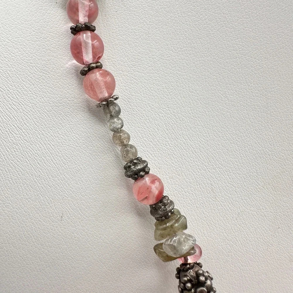 Vintage 90s Strawberry Quartz Labradorite Beaded‎ Necklace Boho Women's Jewelry
